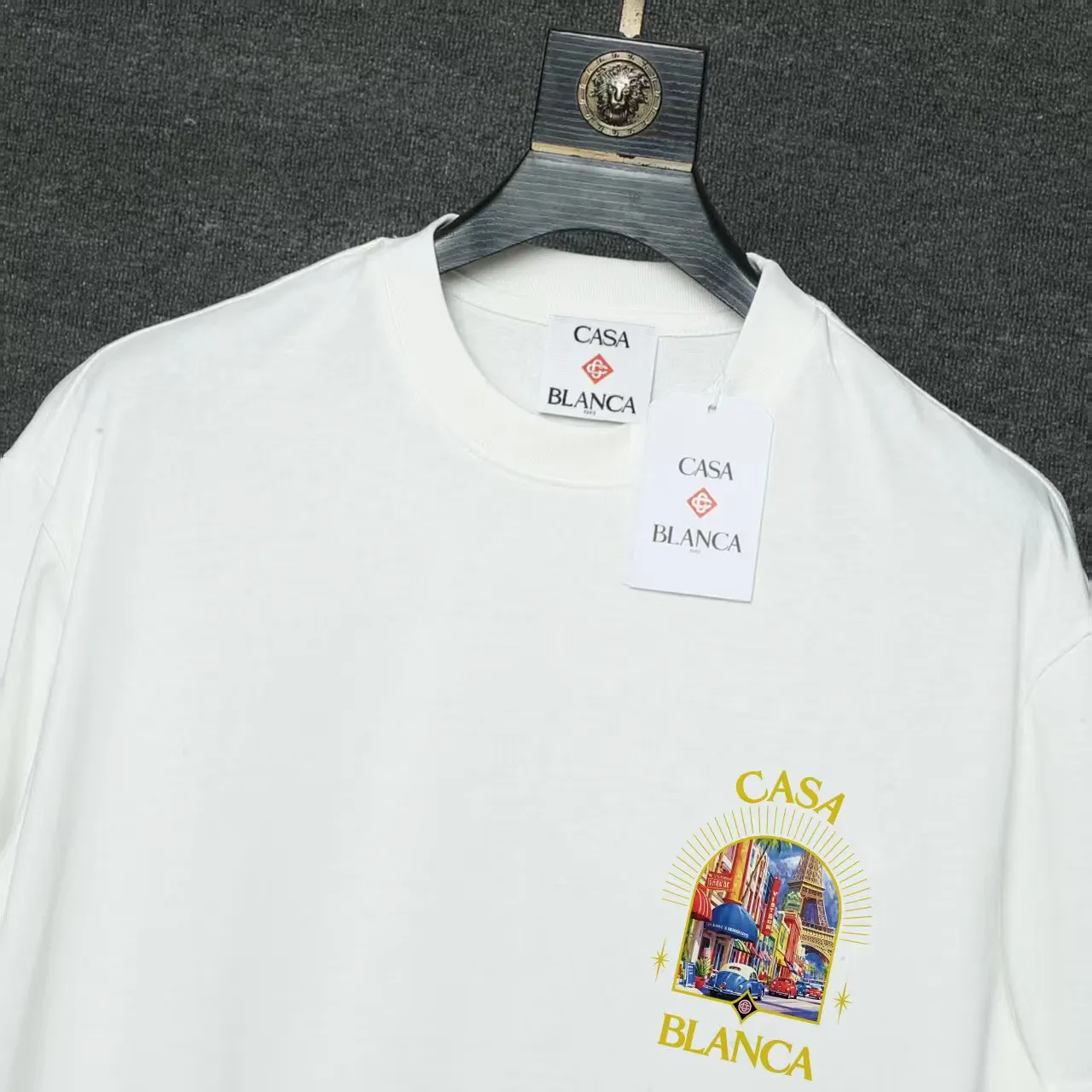 26ss CASABLANCA original printing process short-sleeved T-shirt original development using high-density double yarn pure cotton fabric upper body soft and comfortable color Black White Dark Green color Orange Pink Blue Royal Blue color cigarette powder 8 colors Sizes S M L XL